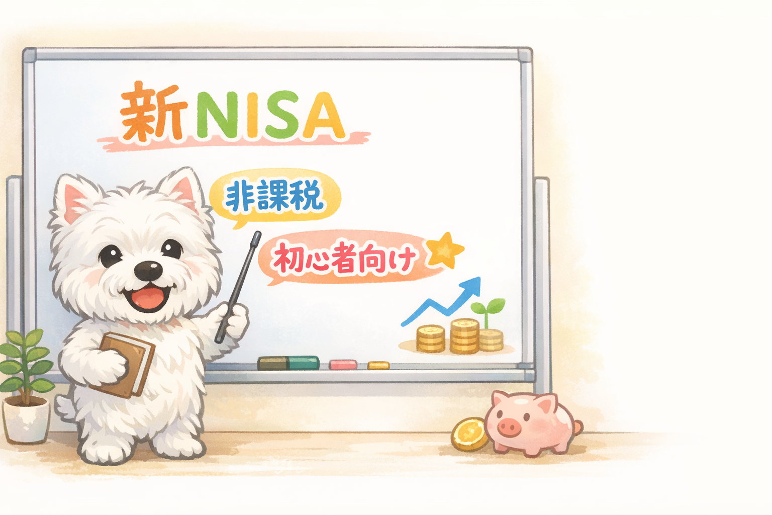 新NISAをわかりやすく説明するウエストハイランドホワイトテリアのイラスト
