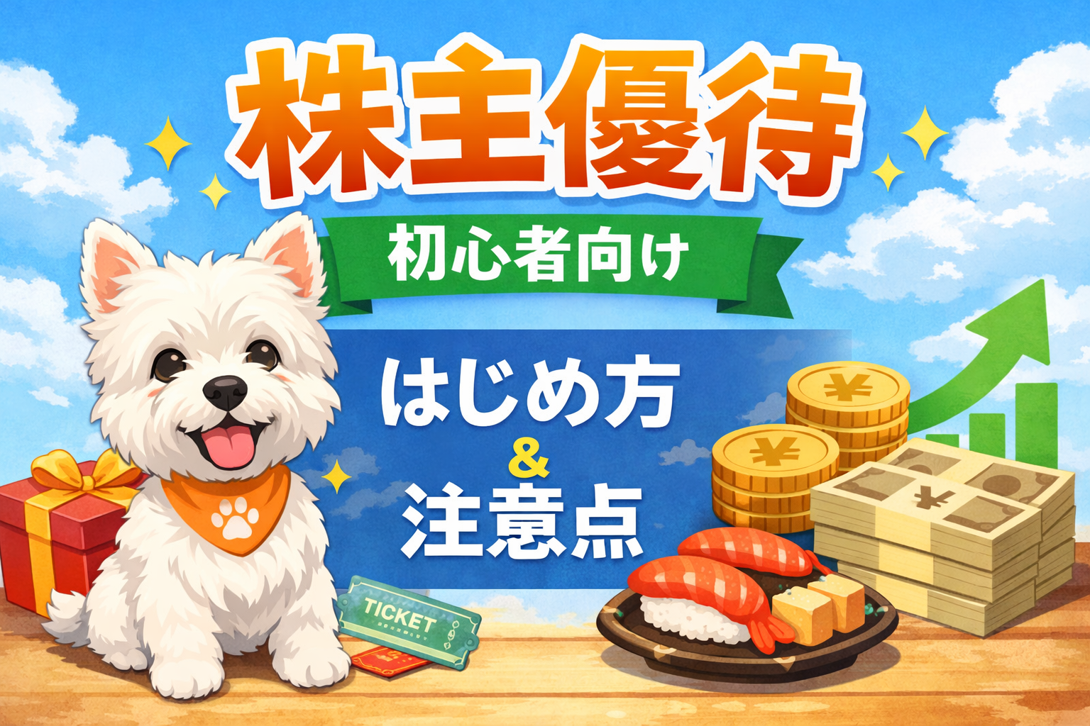 株主優待の仕組みと注意点を初心者向けに解説するアイキャッチ画像。ウエスティのイラスト入り。