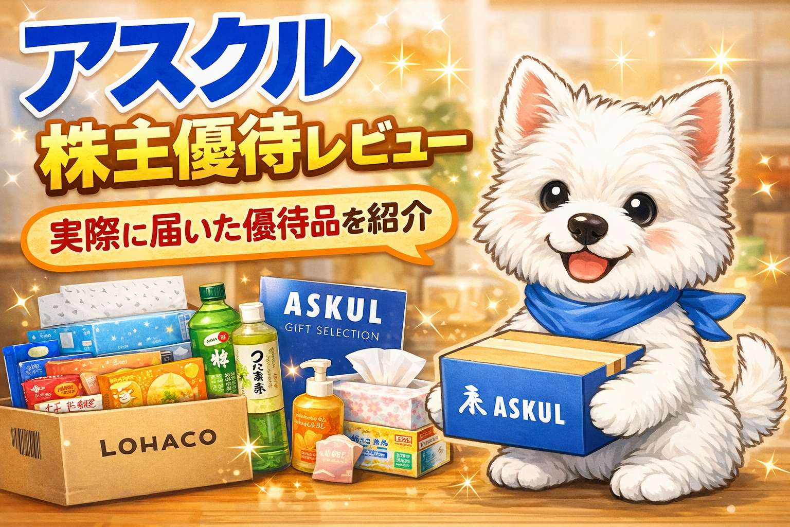 アスクルの株主優待レビューを紹介するアイキャッチ画像（ウエスティのキャラクター）
