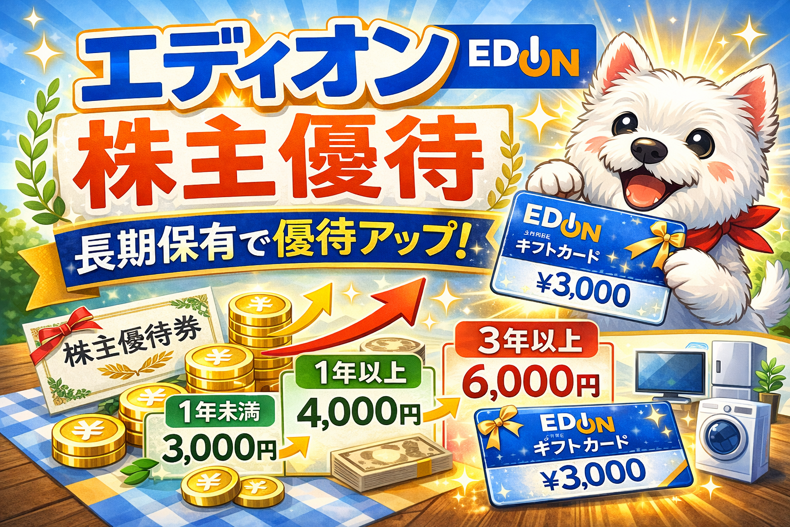 エディオン（2730）株主優待を解説。100株からもらえるギフトカード優待と長期保有特典の内容まとめ。