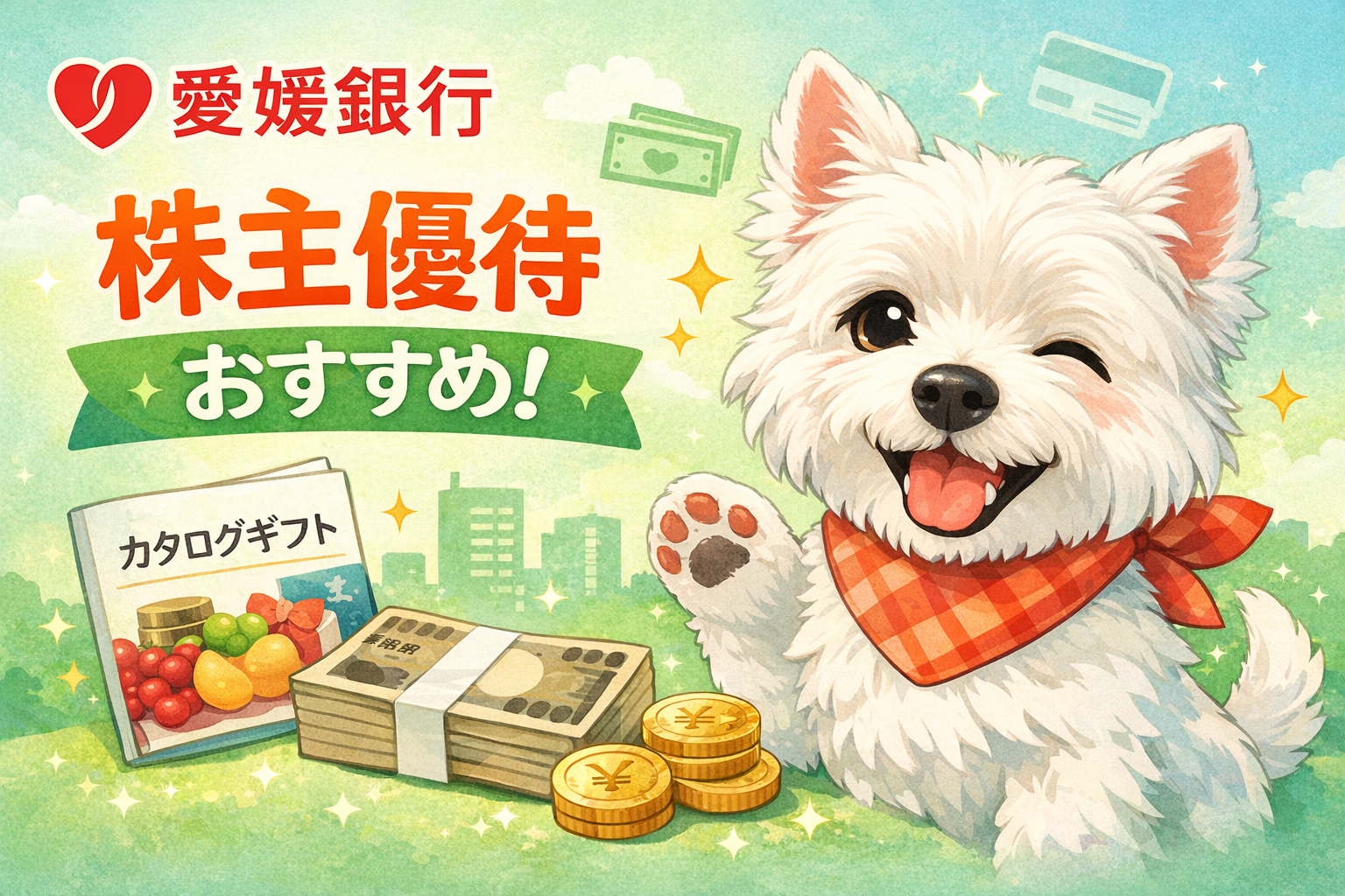 愛媛銀行の株主優待を紹介するアイキャッチ。ウエスティが笑顔でおすすめをアピールしているデザイン
