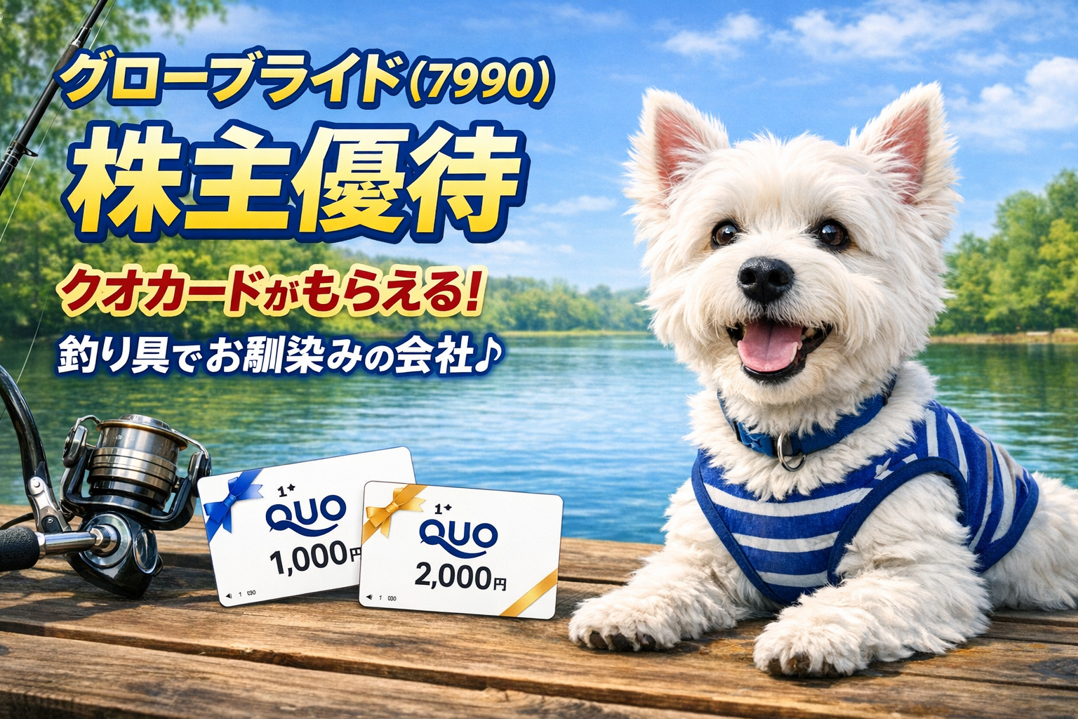 グローブライド（7990）の株主優待を紹介するアイキャッチ。白いウエスティが湖のほとりで座っている写真に、クオカードと釣り竿を配置し、「株主優待」「クオカードがもらえる」「釣り具でおなじみの会社♪」の文字を日本語フォントで表示。