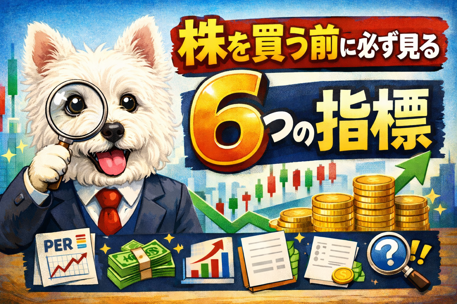 株を買う前に必ず見る6つの指標を解説する記事のアイキャッチ画像。スーツ姿のウエスティが虫眼鏡で株のチャートをチェックしているイラスト。
