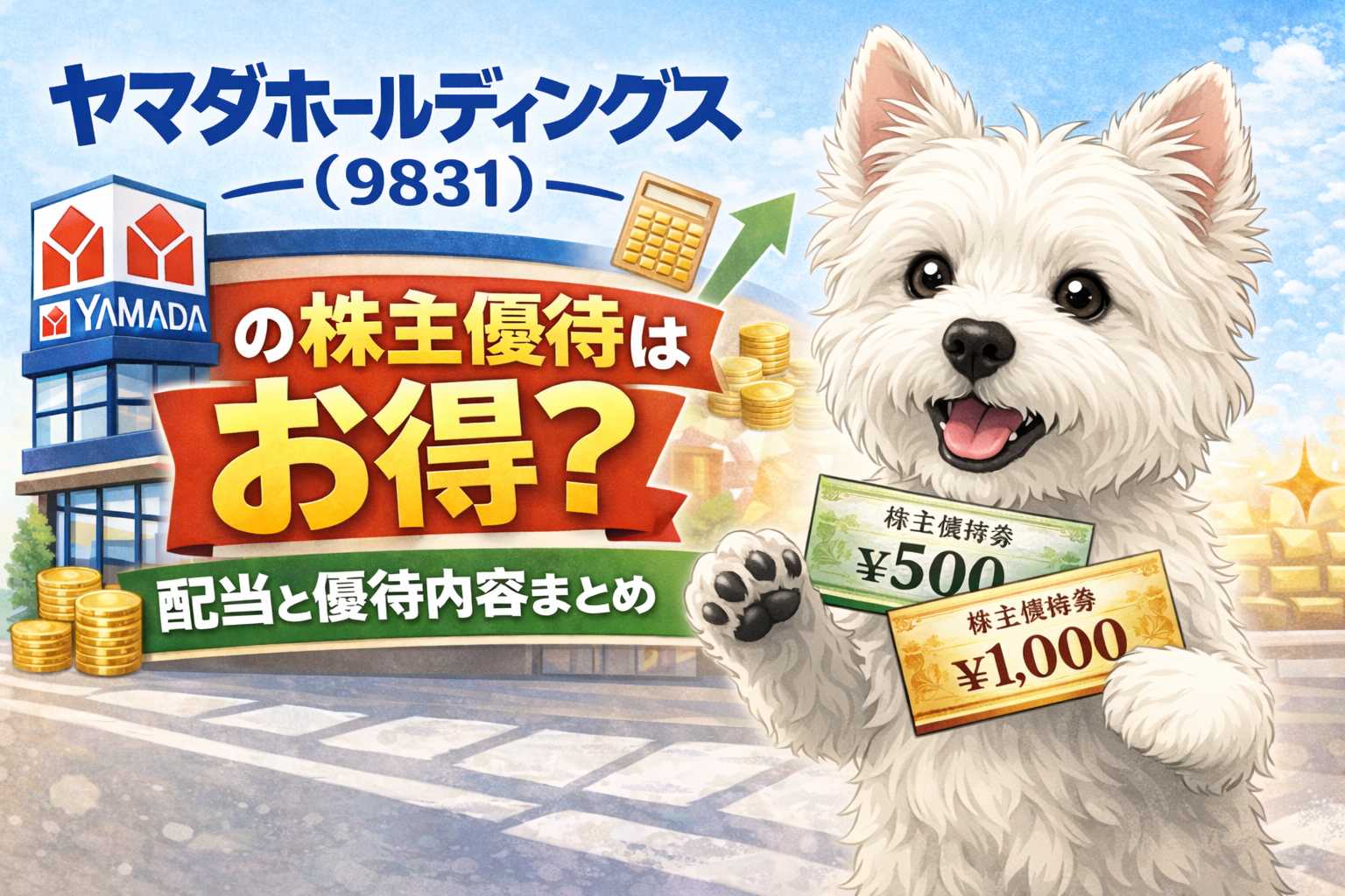 ヤマダホールディングス（9831）の株主優待と配当を解説したアイキャッチ画像（ウエスティと優待券）