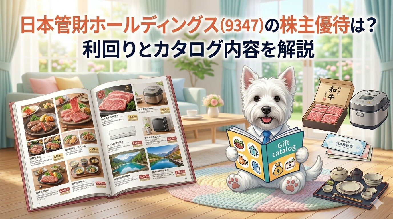 日本管財ホールディングス（9347）の株主優待カタログギフトと配当を紹介する記事のアイキャッチ画像