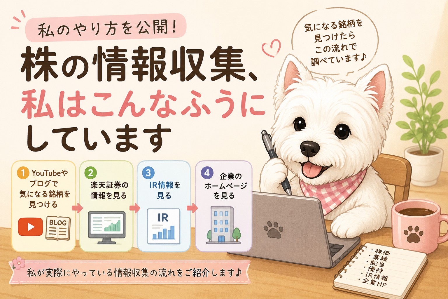 株の情報収集の流れを説明したウエスティ犬のかわいいアイキャッチ画像