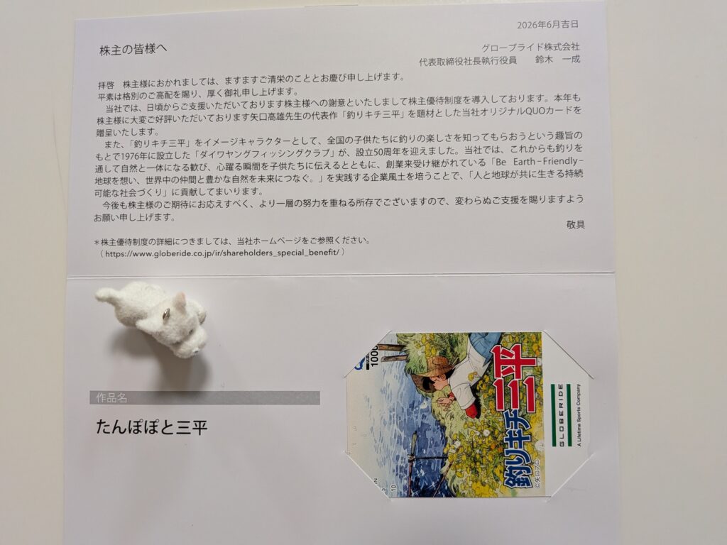 グローブライド(7990)の株主優待で届いたオリジナルQUOカード(釣りキチ三平デザイン)