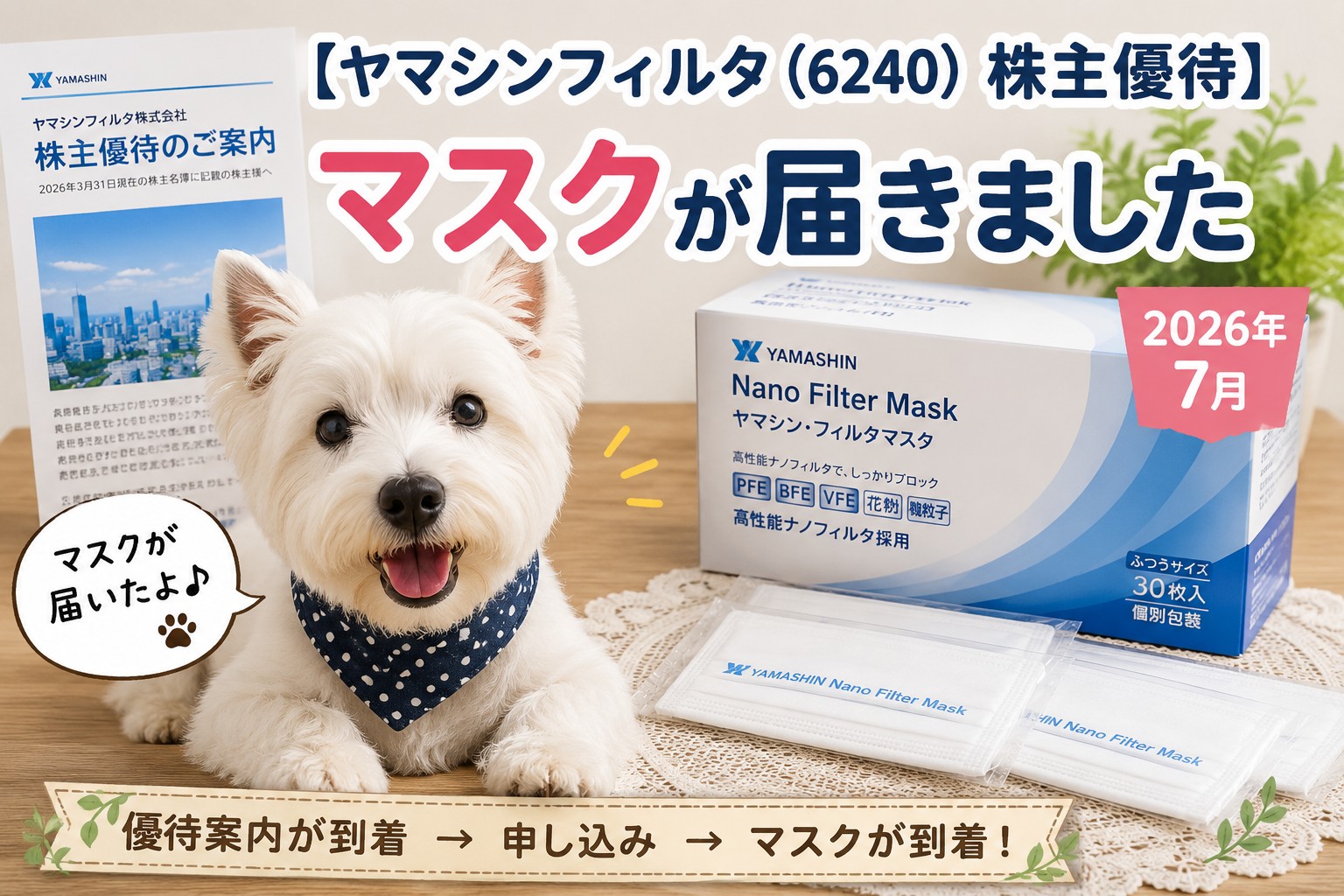 ヤマシンフィルタ（6240）の株主優待で届いたマスクを紹介するアイキャッチ画像