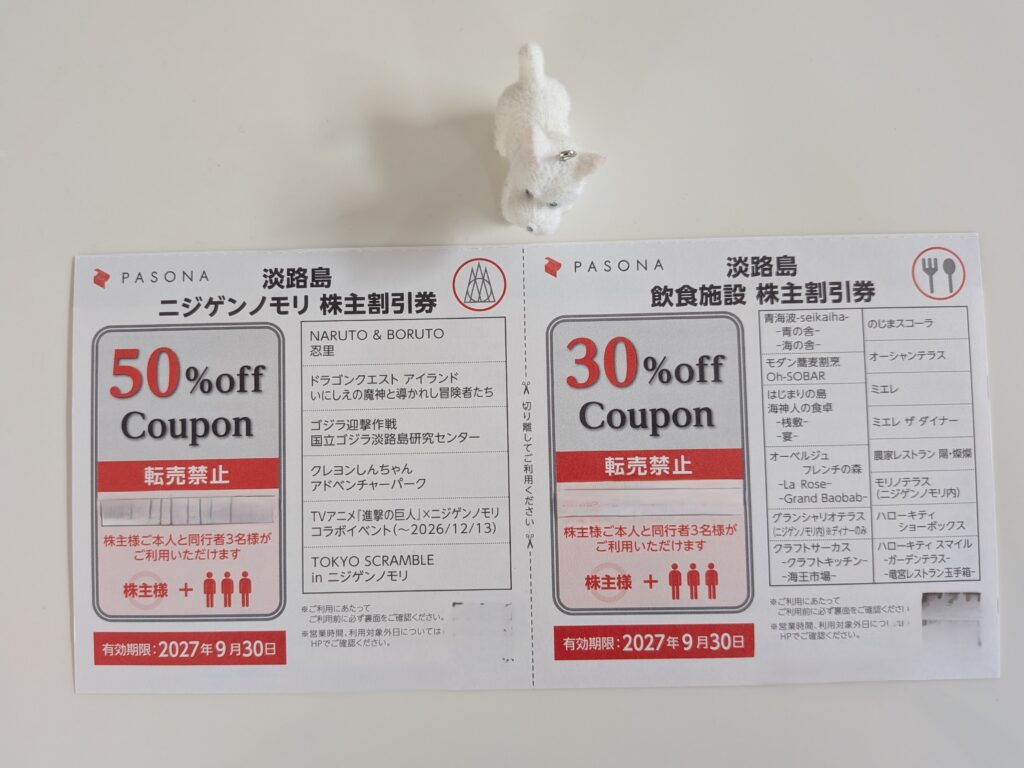 パソナグループから届いた淡路島の飲食施設30%OFFとニジゲンノモリ50%OFFの株主割引券
