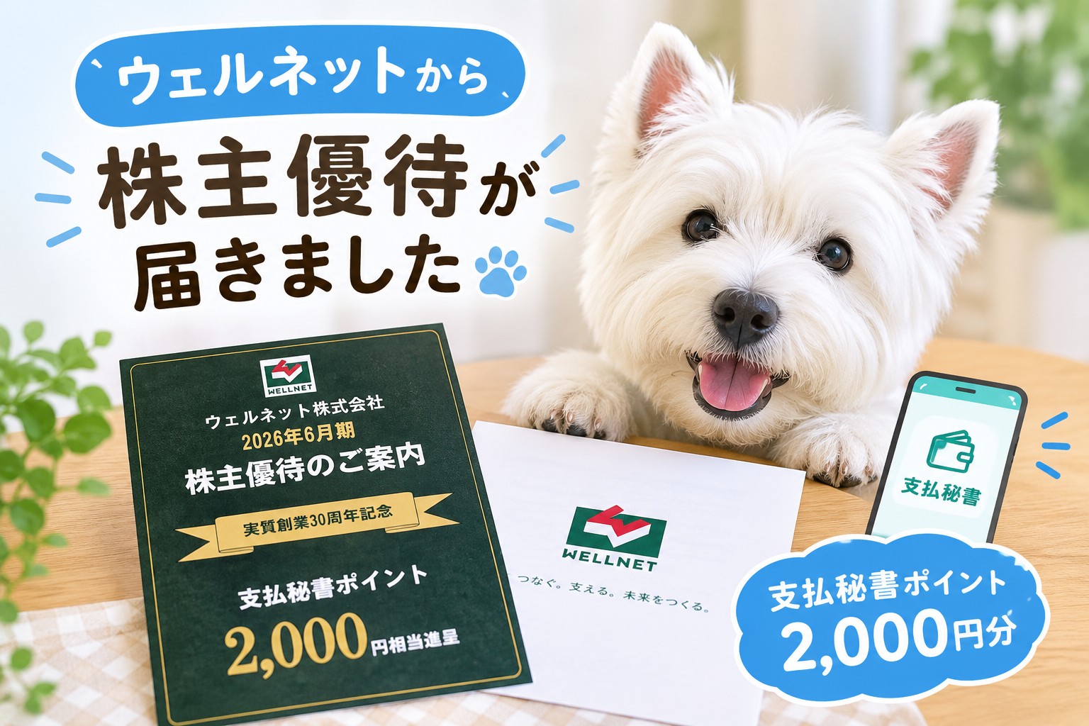 ウェルネットの株主優待で届いた支払秘書ポイント2,000円分